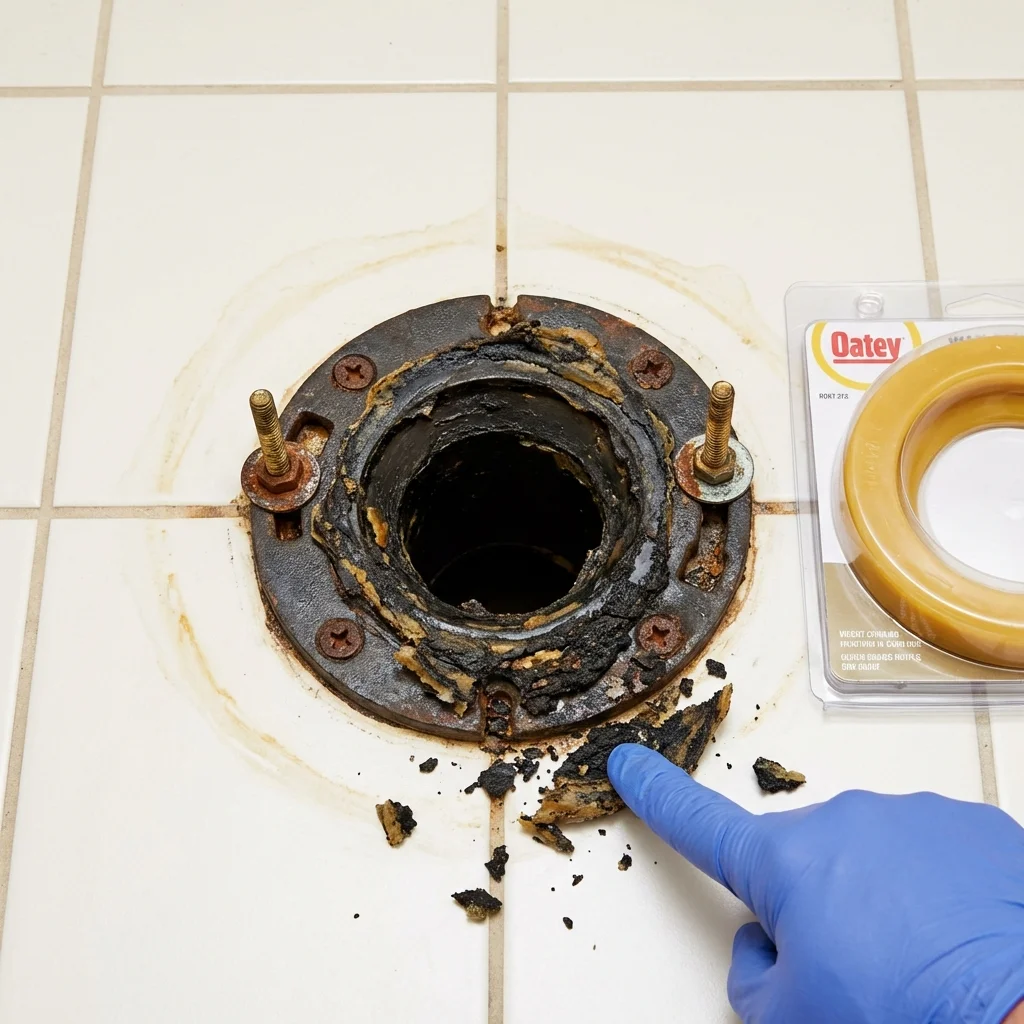 Failed wax ring showing water seepage at the base of a toilet in a Burlington, KY home