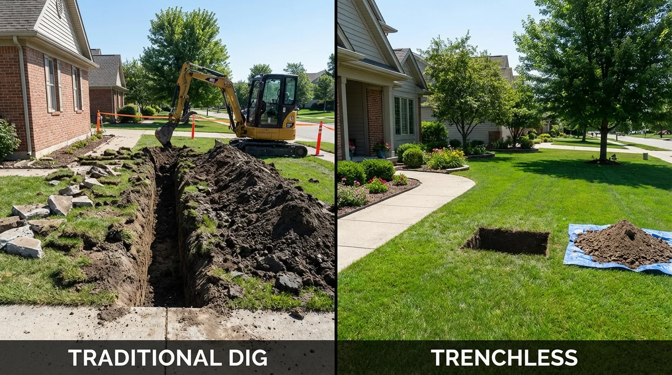Trenchless sewer repair with minimal yard damage versus traditional excavation in Burlington, KY