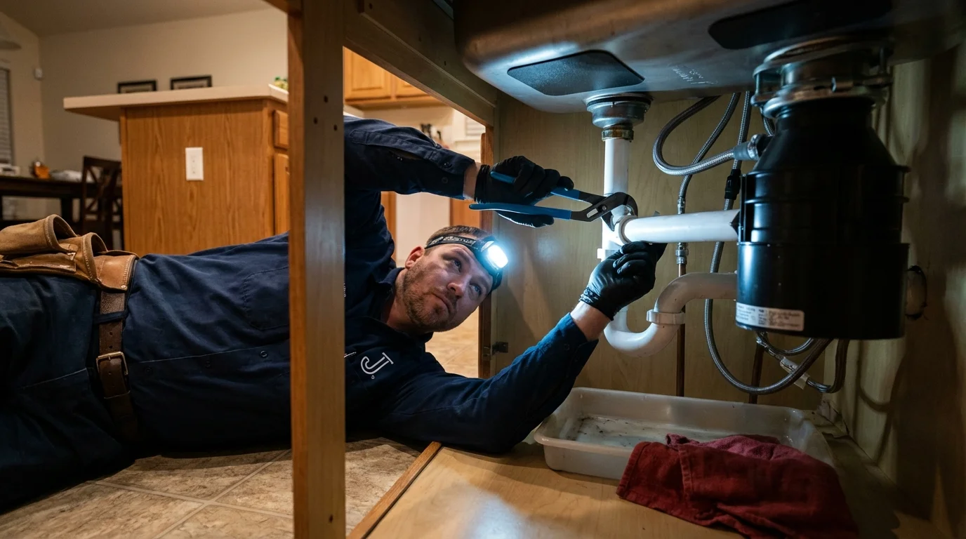 P-trap and supply line connections under a kitchen sink showing a common leak point in Burlington, KY